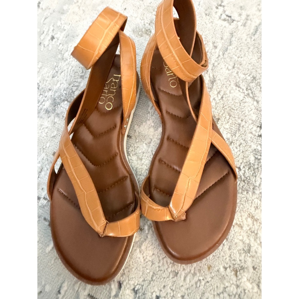 Franco Sarto Delria Tan Croc Embossed Ankle Strap Flat Sandals Size 5M